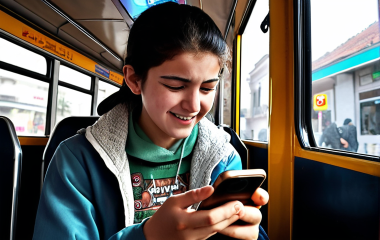 **Prompt:** A young person, joyful and focused, playing Cyphers on a smartphone while sitting on a typical Turkish public bus or in a modern, cozy cafe in Turkey. The phone screen clearly displays dynamic Cyphers gameplay, showcasing characters and abilities in action, with a faint glow suggesting intense engagement. The scene should convey the dream of seamless, on-the-go MOBA gaming.