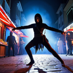 Shadow Dancer Ayşe in Action**

Prompt: "Shadow Dancer Ayşe, a nimble assassin, performing the 'Gölge Dansı' (Shadow Dance) ultimate ability. She is semi-invisible, surrounded by swirling shadows and neon lights of the Gece Pazarı (Night Market). Dynamic pose, cinematic lighting, Turkish theme."

**
